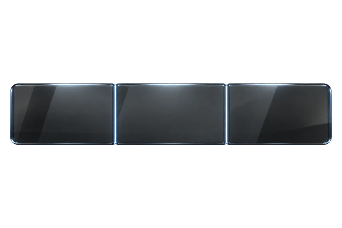 A wide glass slab divided into three equal sections by two seams of light