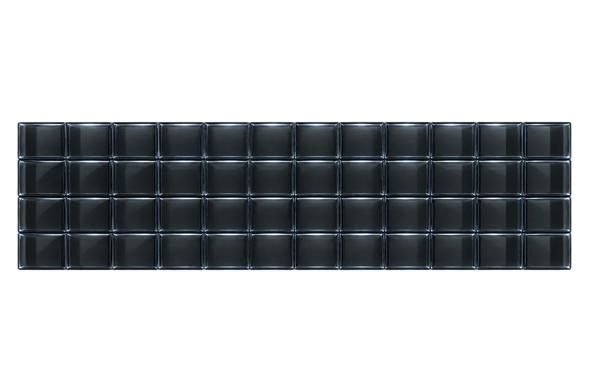 A dense wide grid of small smoked glass tiles filling the frame