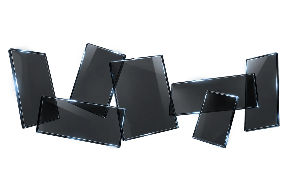 Smoked glass panels of varying sizes spread across the frame at different angles