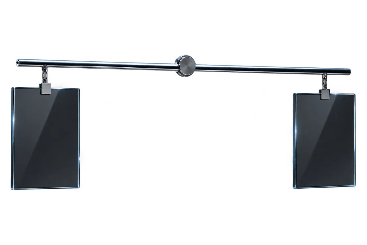 Two smoked glass panels on either side of a chrome balance beam