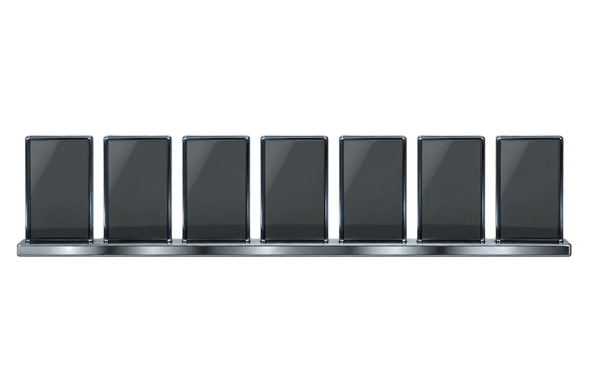 A row of smoked glass panels with a bright chrome rule beneath them