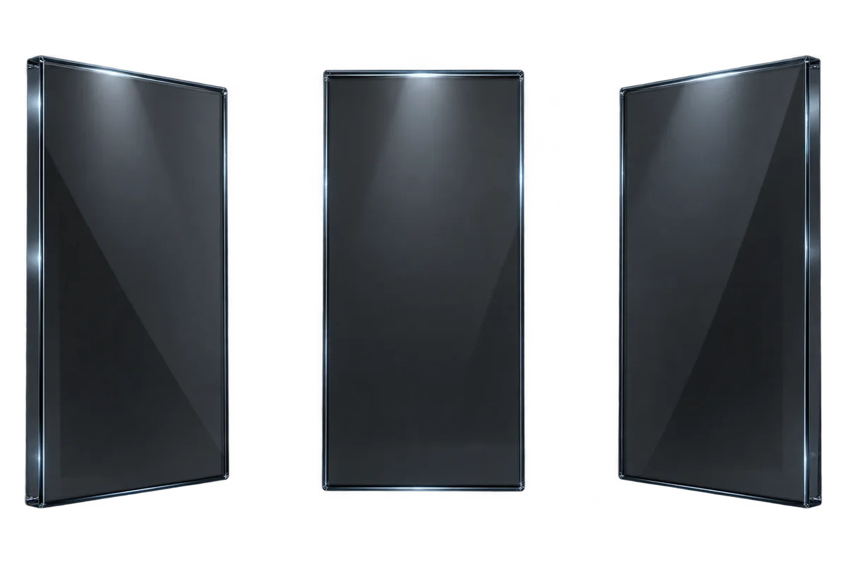 Three smoked glass panels each lit by its own separate beam of light