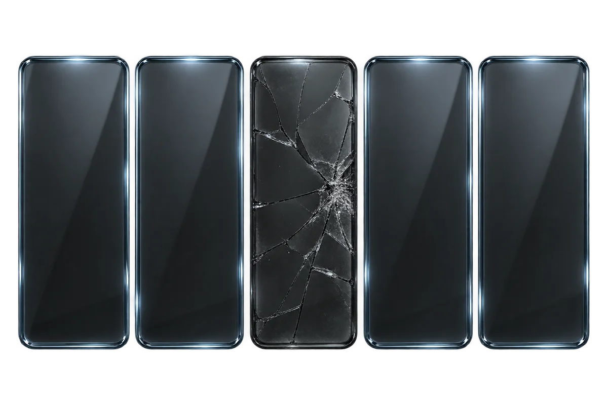 A row of smoked glass panels with one cracked and dimmed