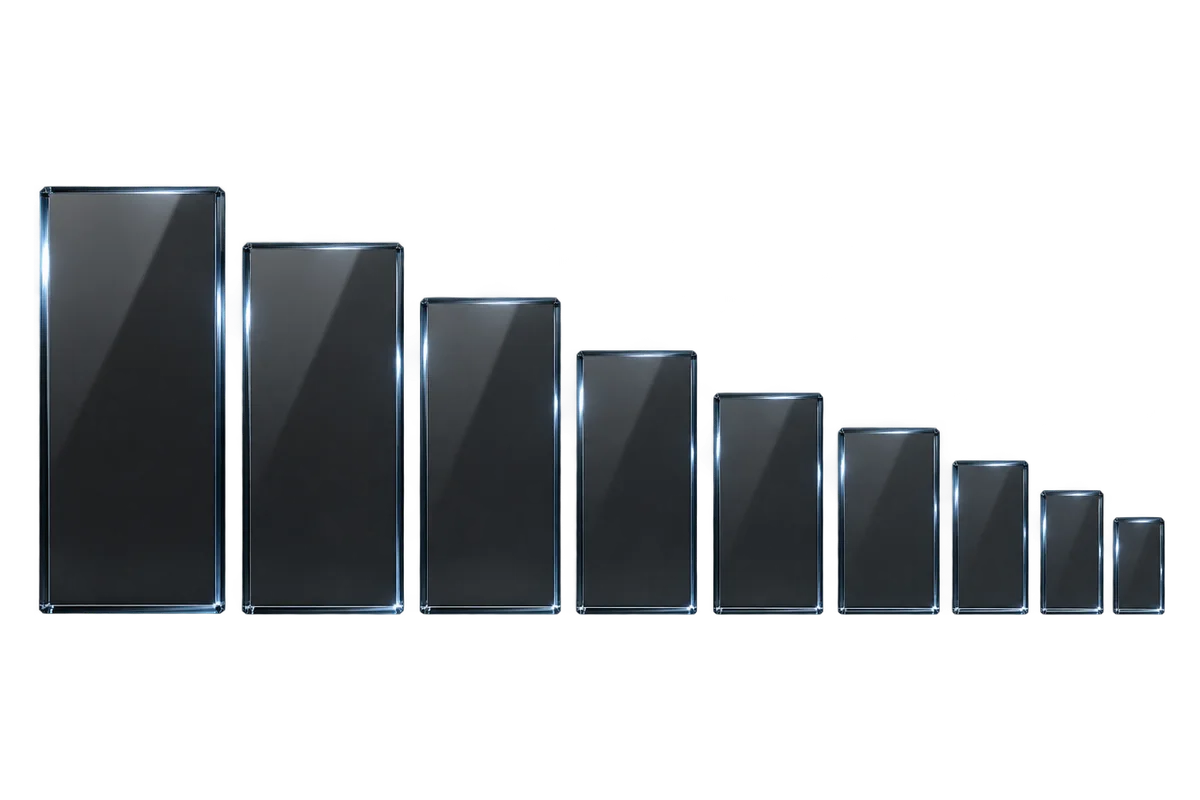 An ordered sequence of smoked glass panels descending in size across the frame